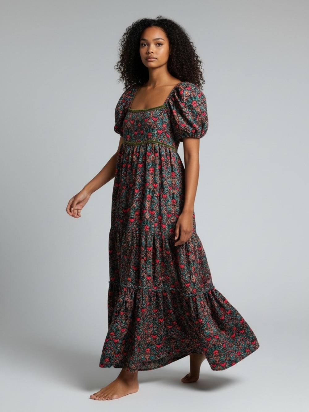 Free People Ashley Babydoll Dress Blue Print Floral Puff Sleeve Maxi Floral XS